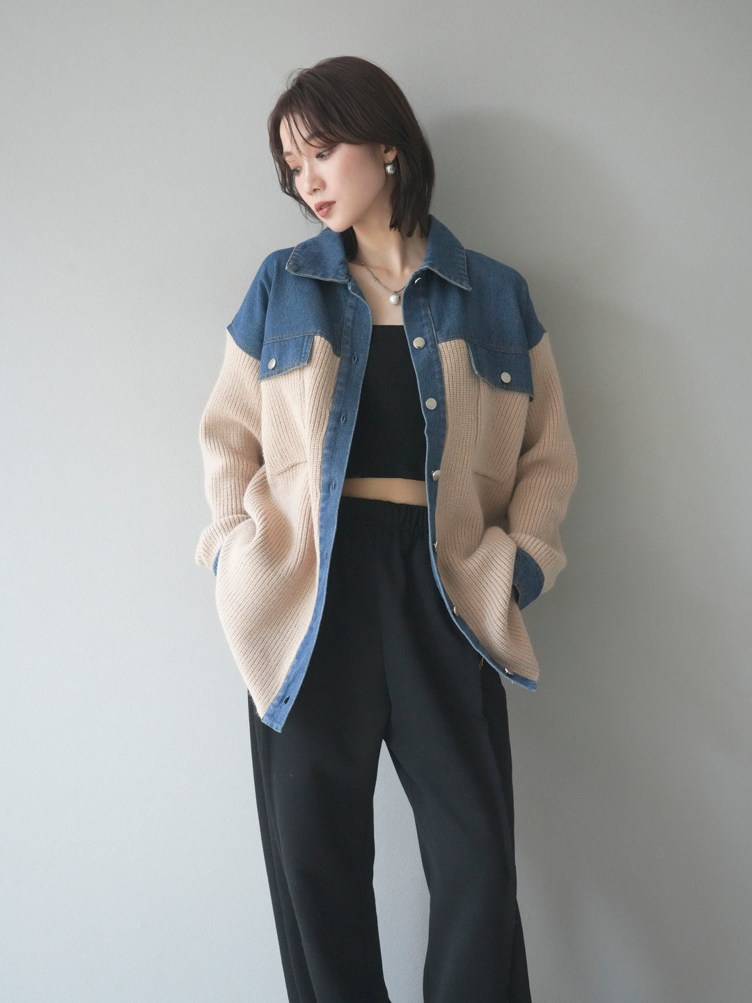 [SET]デニム襟付きニットジャケット+2WAYデザインスウェットパンツ(2set)