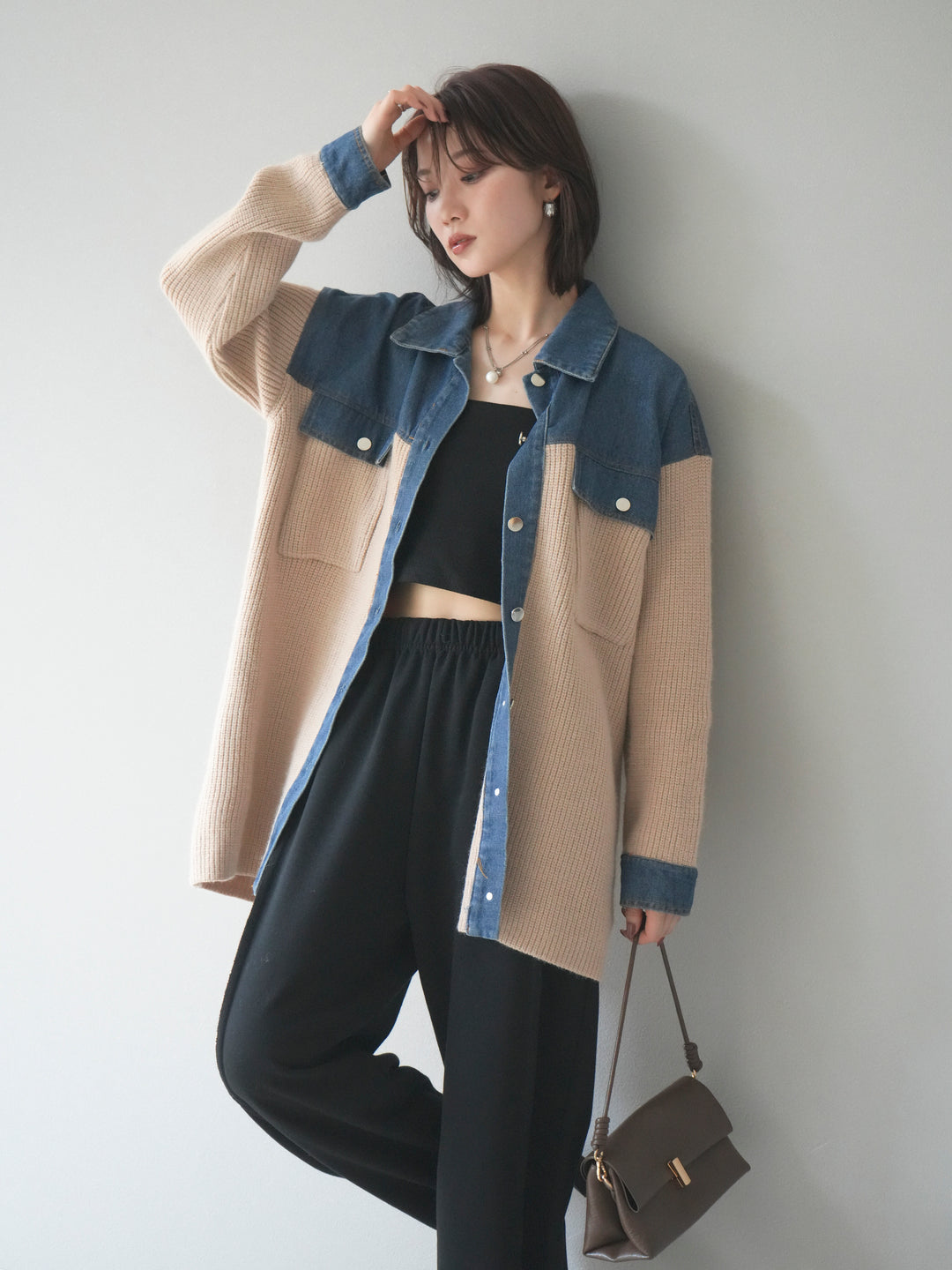 [SET]デニム襟付きニットジャケット+2WAYデザインスウェットパンツ(2set)