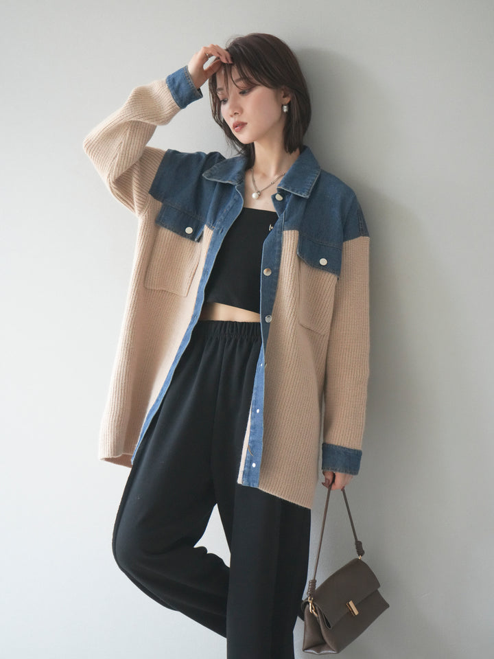 [SET]デニム襟付きニットジャケット+2WAYデザインスウェットパンツ(2set)