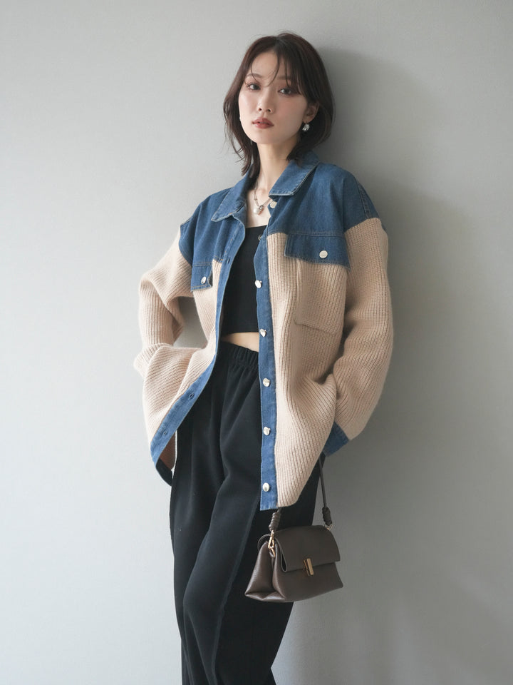 [予約]デニム襟付きニットジャケット/beige