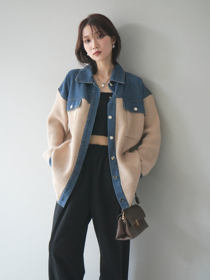 [SET]デニム襟付きニットジャケット+2WAYデザインスウェットパンツ(2set)