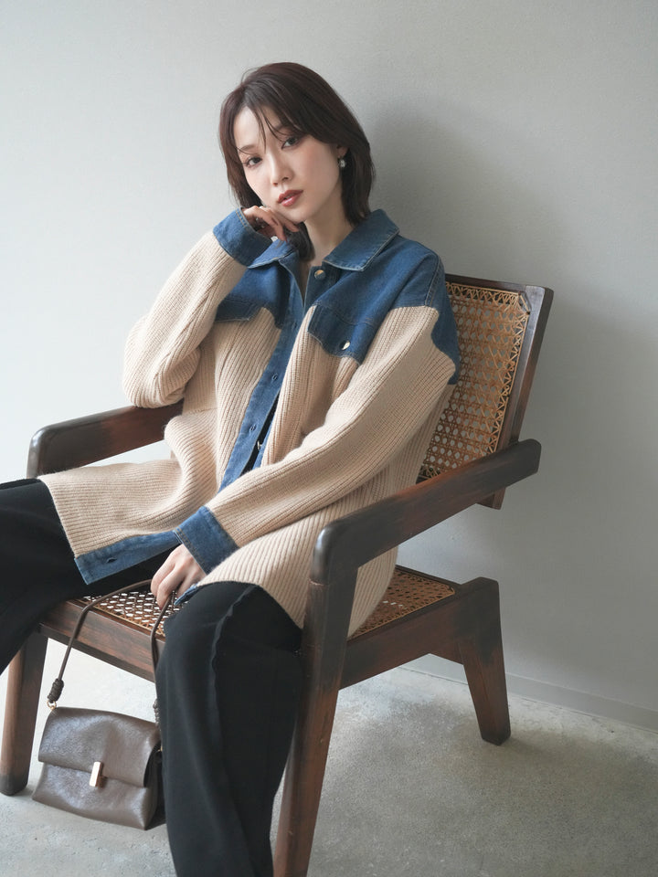 [SET]デニム襟付きニットジャケット+2WAYデザインスウェットパンツ(2set)