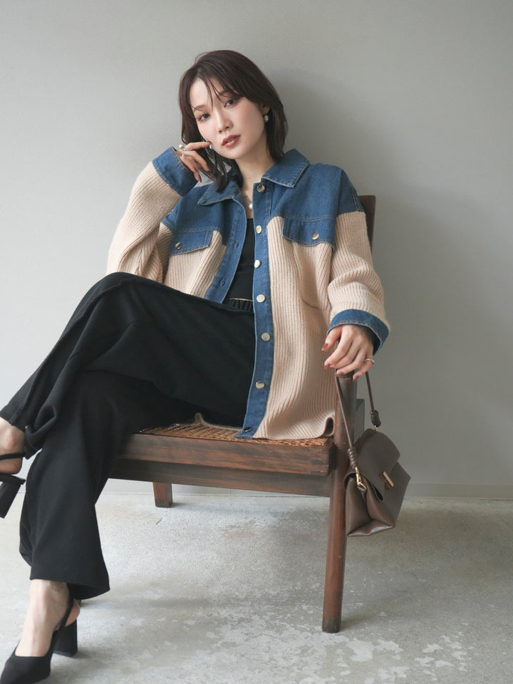 [SET]デニム襟付きニットジャケット+2WAYデザインスウェットパンツ(2set)