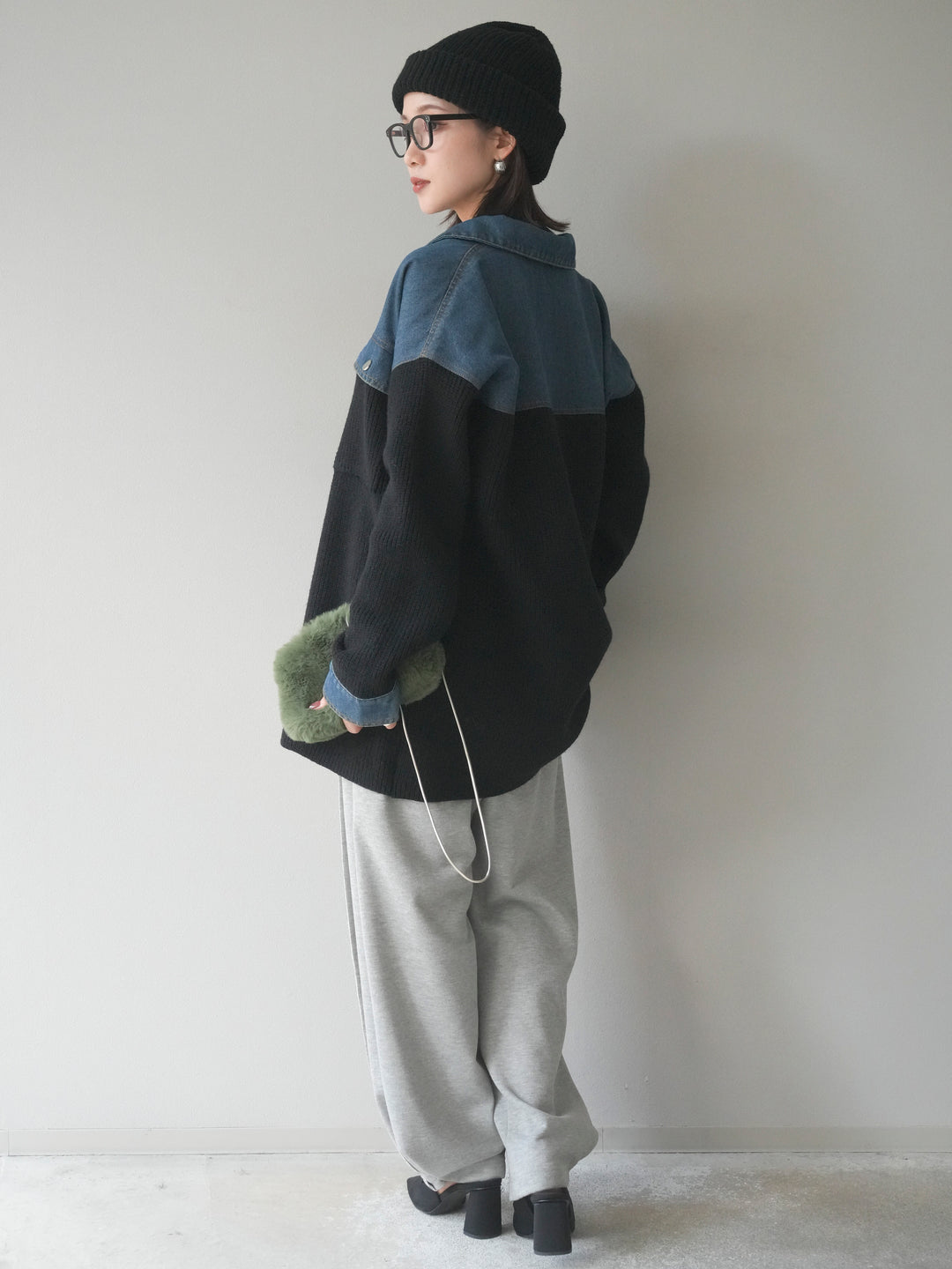 [SET]デニム襟付きニットジャケット+2WAYデザインスウェットパンツ(2set)