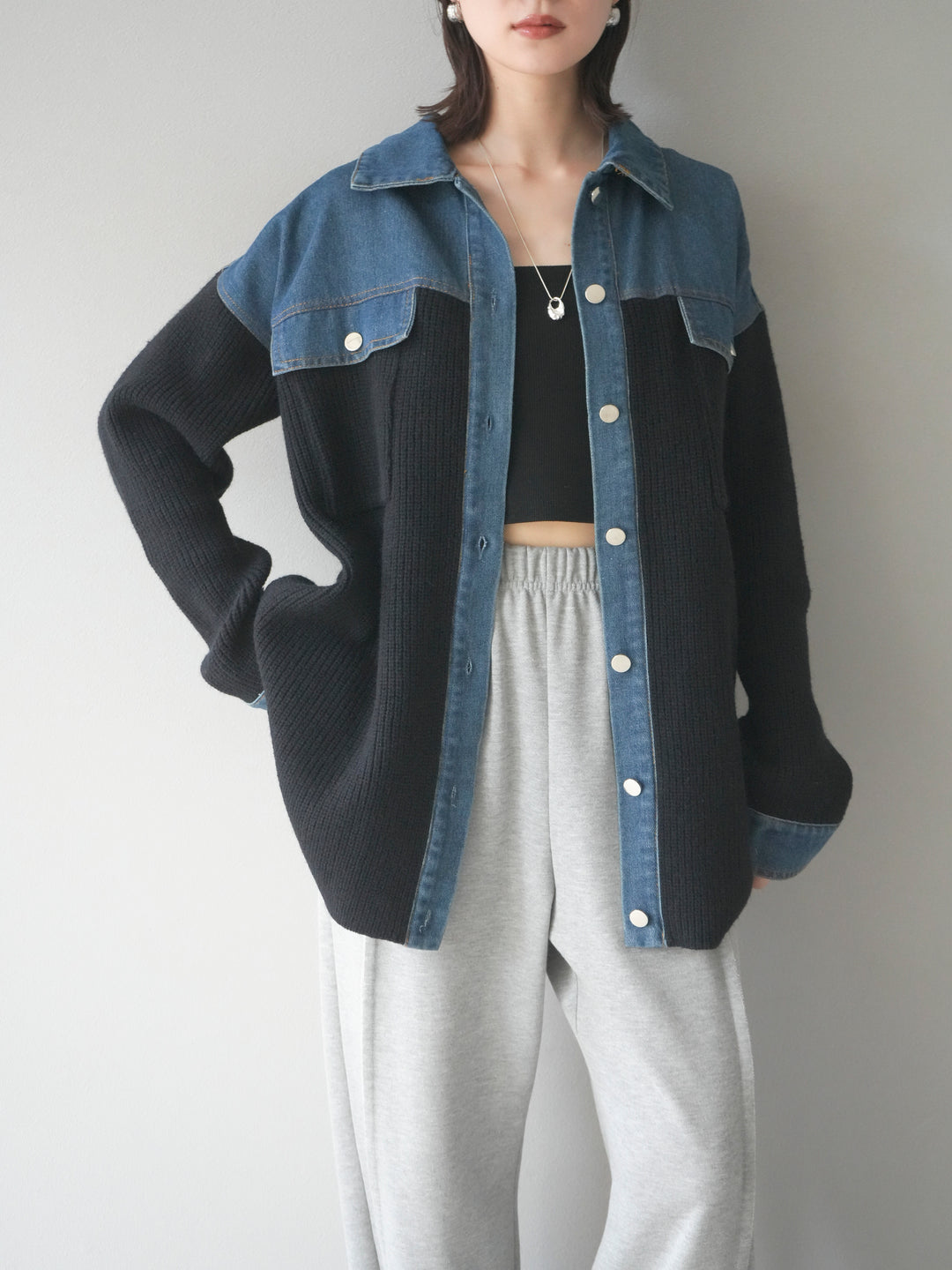 [SET]デニム襟付きニットジャケット+2WAYデザインスウェットパンツ(2set)