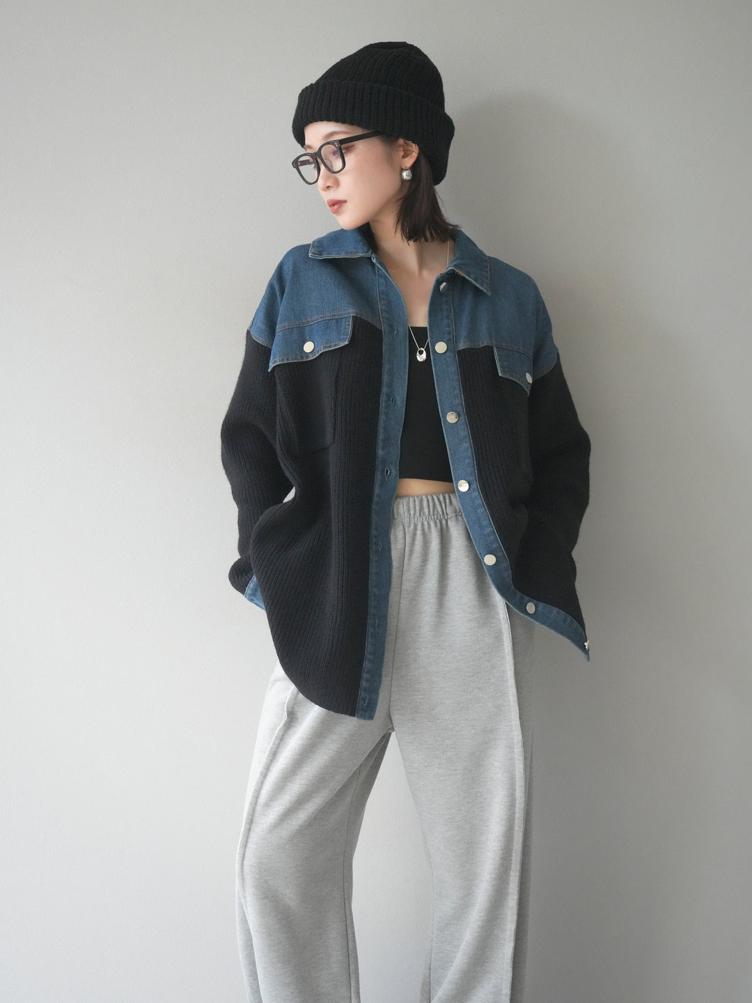 [SET]デニム襟付きニットジャケット+2WAYデザインスウェットパンツ(2set)