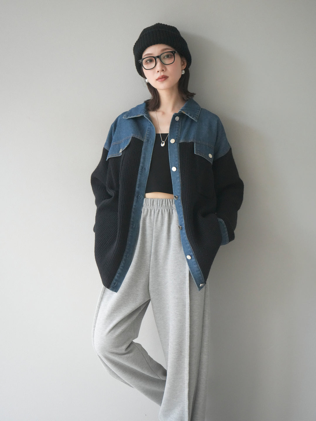 [予約]デニム襟付きニットジャケット/black