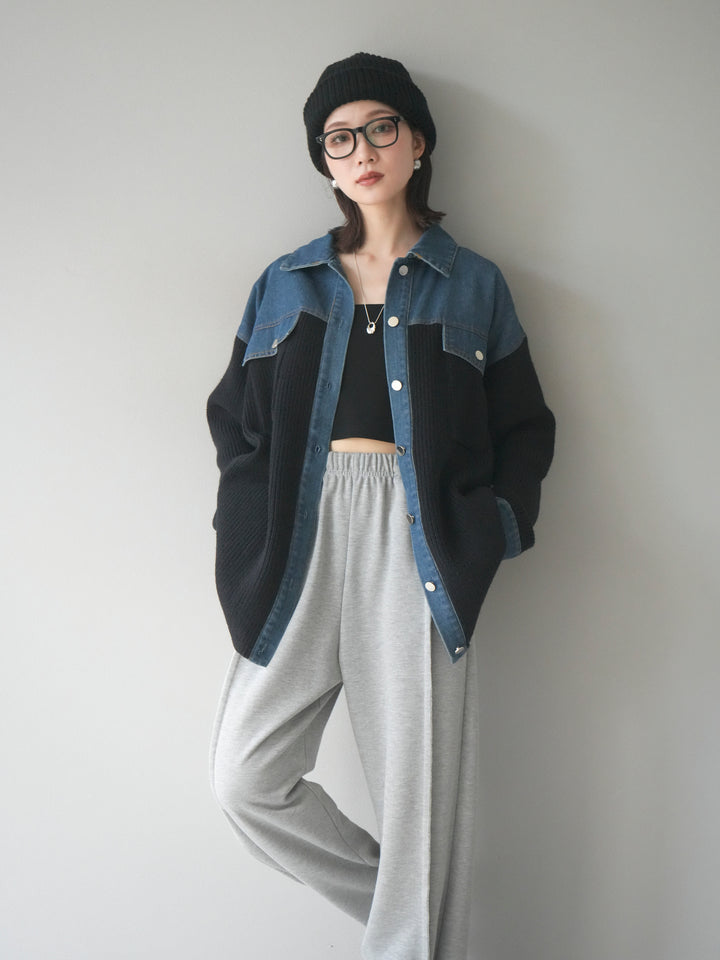 [予約]デニム襟付きニットジャケット/black
