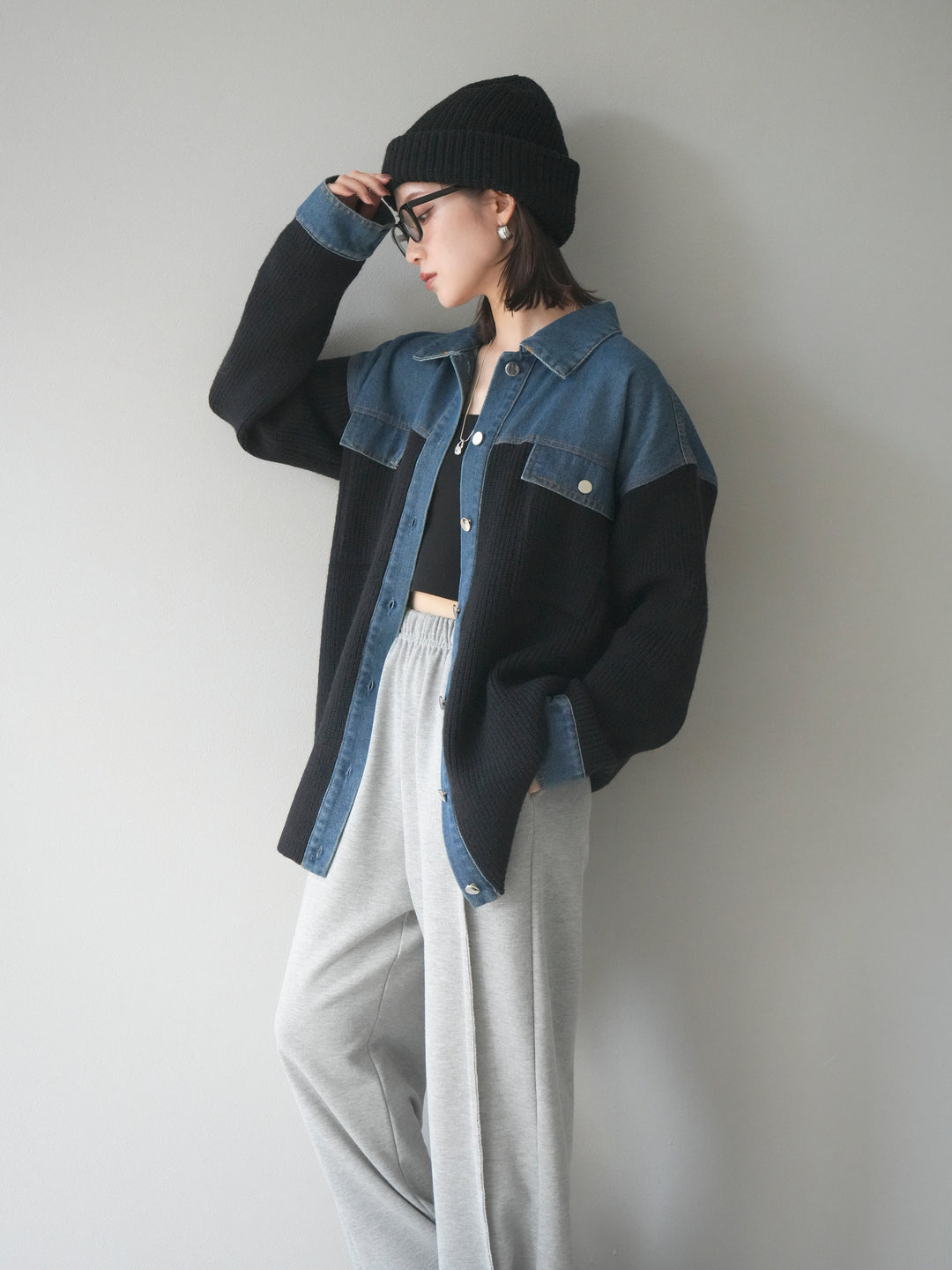 [SET]デニム襟付きニットジャケット+2WAYデザインスウェットパンツ(2set)