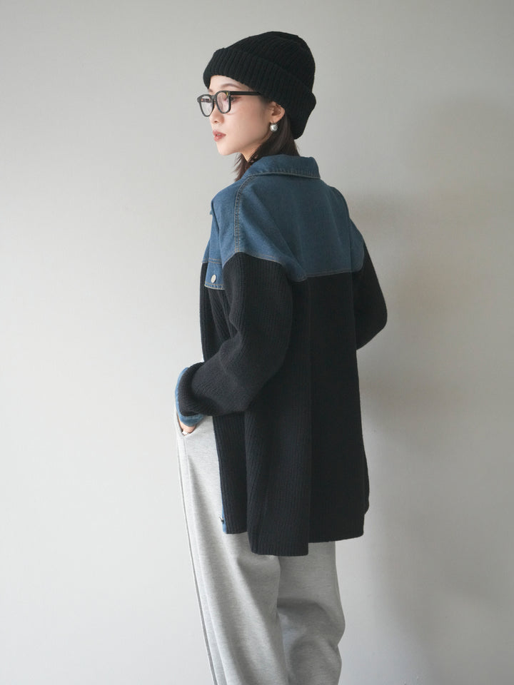 [予約]デニム襟付きニットジャケット/black