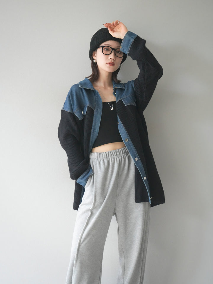 [SET]デニム襟付きニットジャケット+2WAYデザインスウェットパンツ(2set)