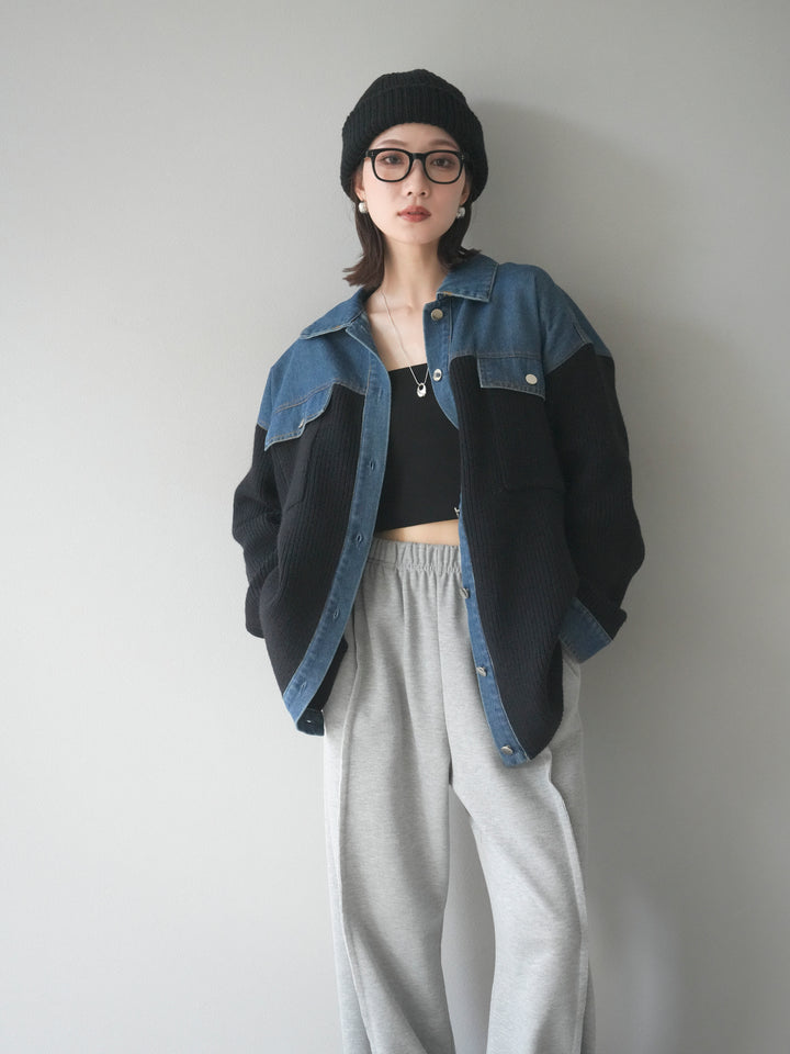 [予約]デニム襟付きニットジャケット/black