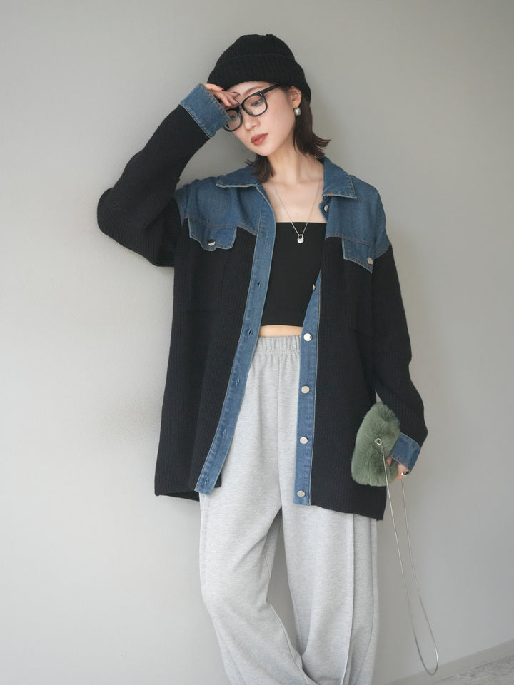 [予約]デニム襟付きニットジャケット/black