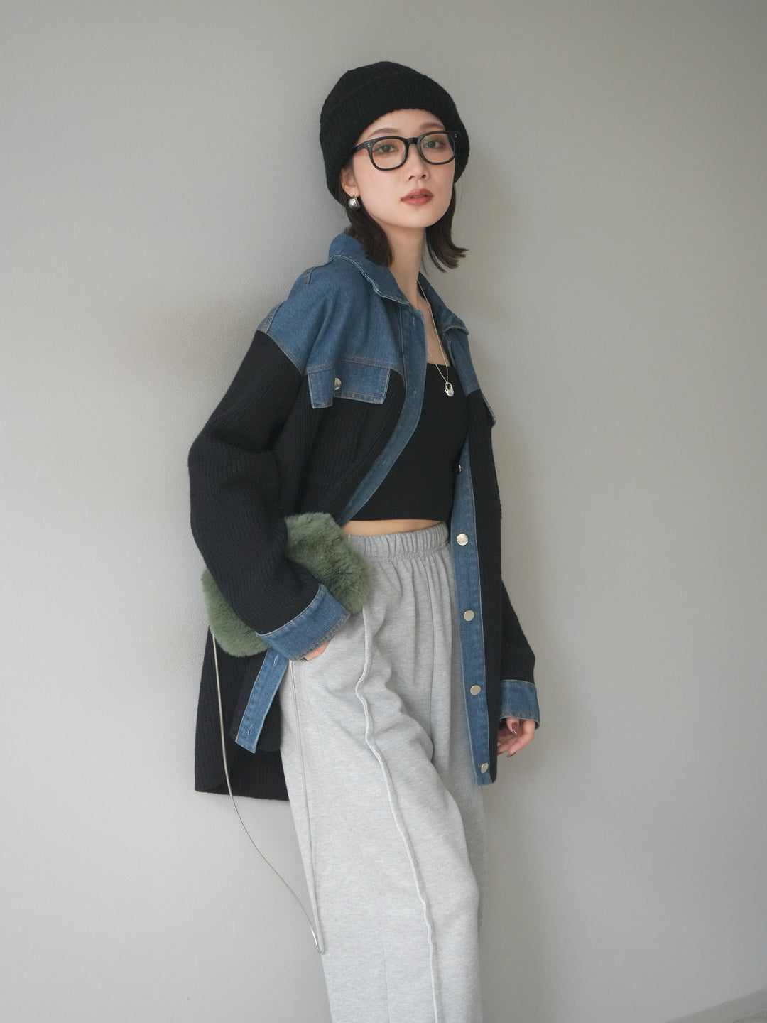 [SET]デニム襟付きニットジャケット+2WAYデザインスウェットパンツ(2set)