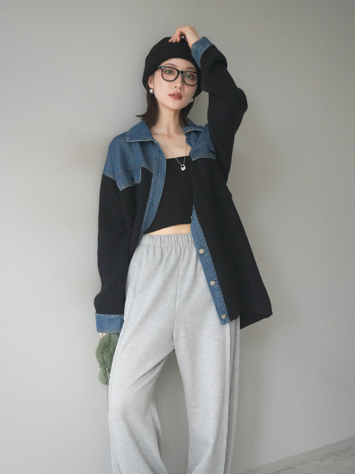 [SET]デニム襟付きニットジャケット+2WAYデザインスウェットパンツ(2set)