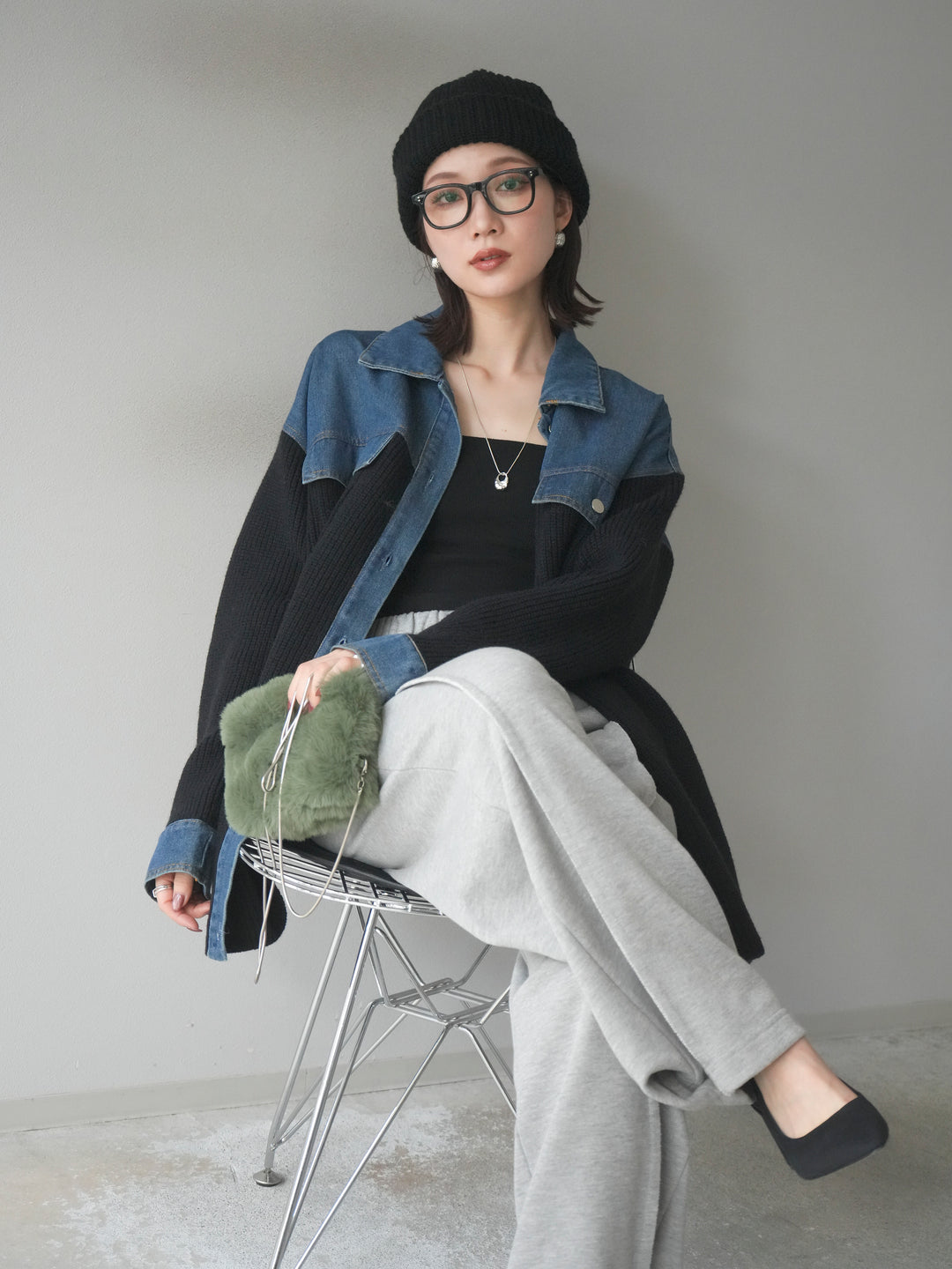 [予約]デニム襟付きニットジャケット/black