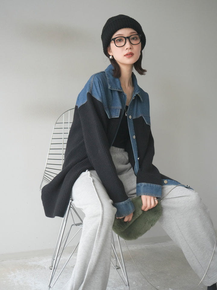 [予約]デニム襟付きニットジャケット/black