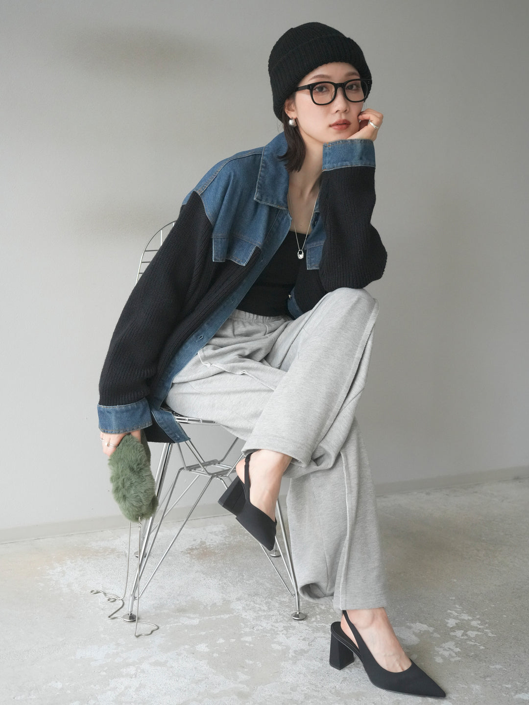 [SET]デニム襟付きニットジャケット+2WAYデザインスウェットパンツ(2set)