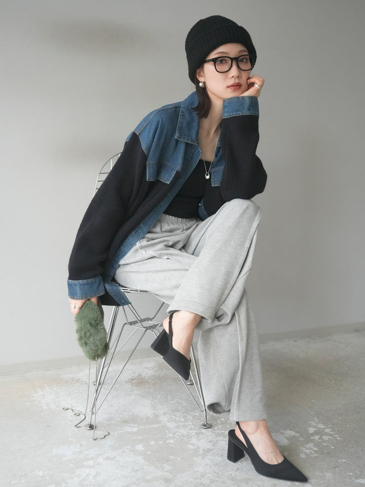[予約]デニム襟付きニットジャケット/black