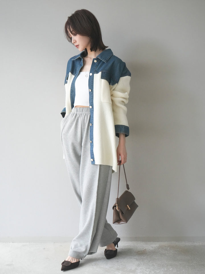 [SET]デニム襟付きニットジャケット+2WAYデザインスウェットパンツ(2set)