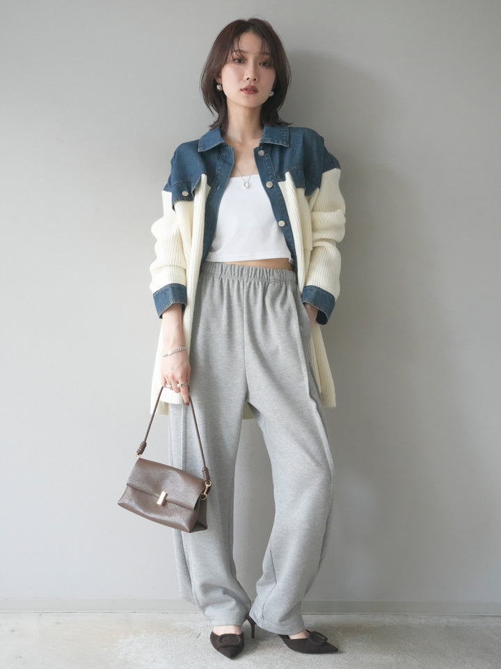 [SET]デニム襟付きニットジャケット+2WAYデザインスウェットパンツ(2set)