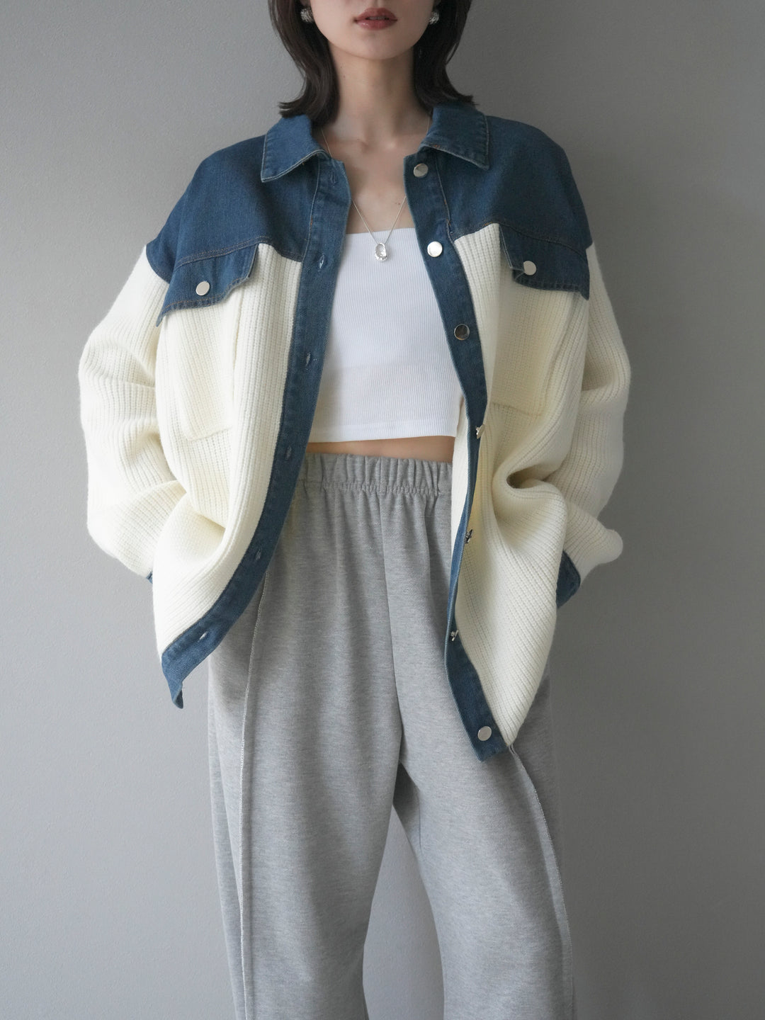 [SET]デニム襟付きニットジャケット+2WAYデザインスウェットパンツ(2set)