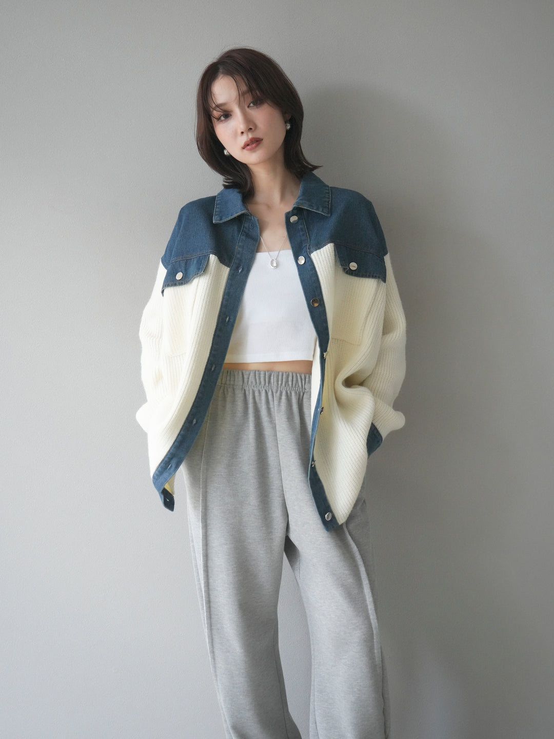 [SET]デニム襟付きニットジャケット+2WAYデザインスウェットパンツ(2set)