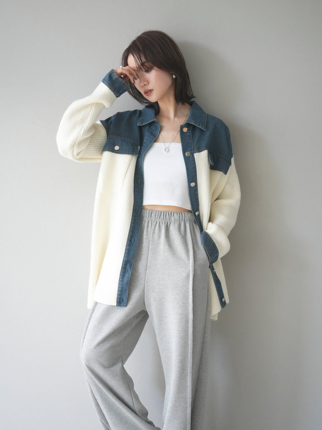 [SET]デニム襟付きニットジャケット+2WAYデザインスウェットパンツ(2set)