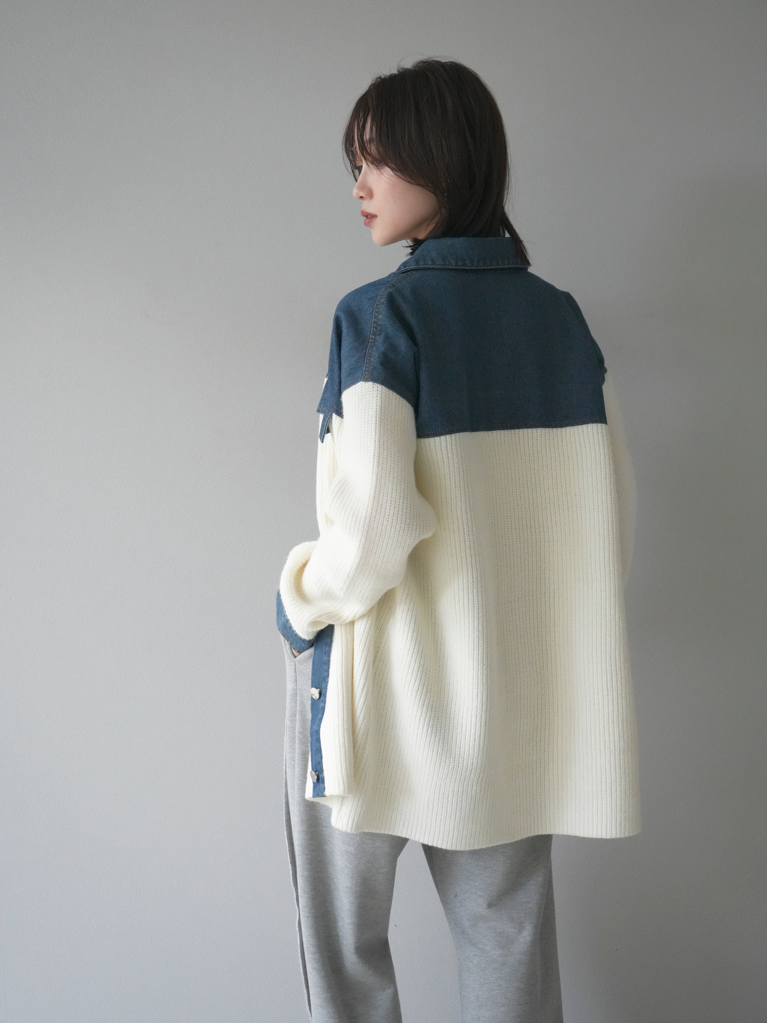 予約]デニム襟付きニットジャケット/offwhite – Lumier