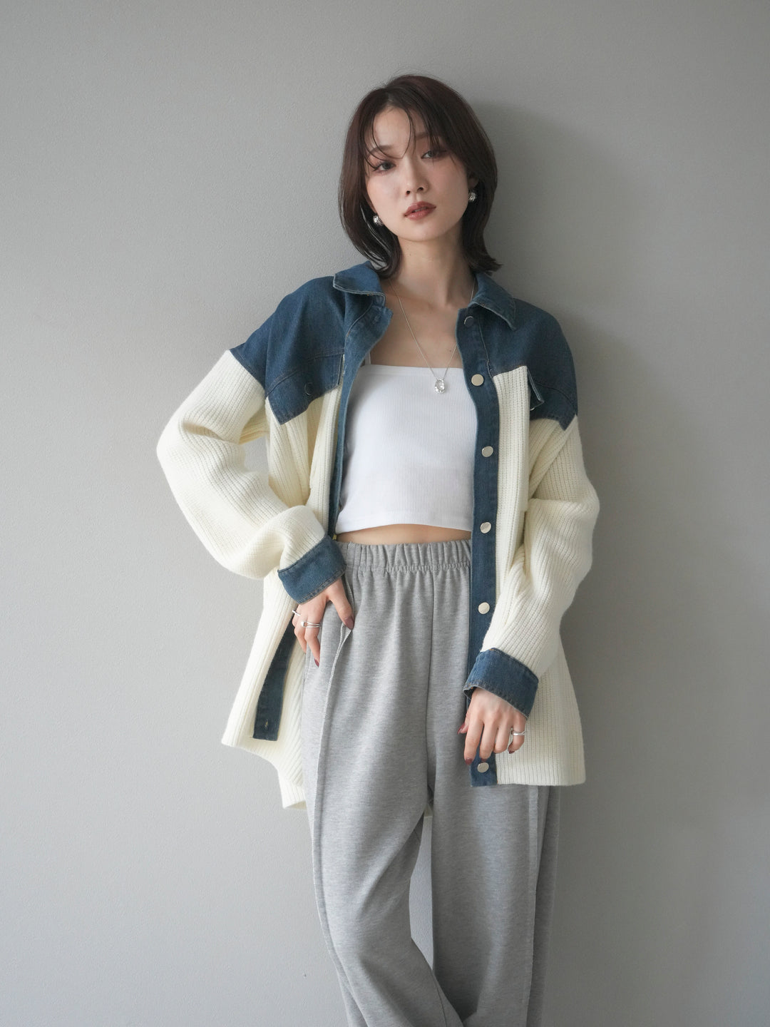 [SET]デニム襟付きニットジャケット+2WAYデザインスウェットパンツ(2set)