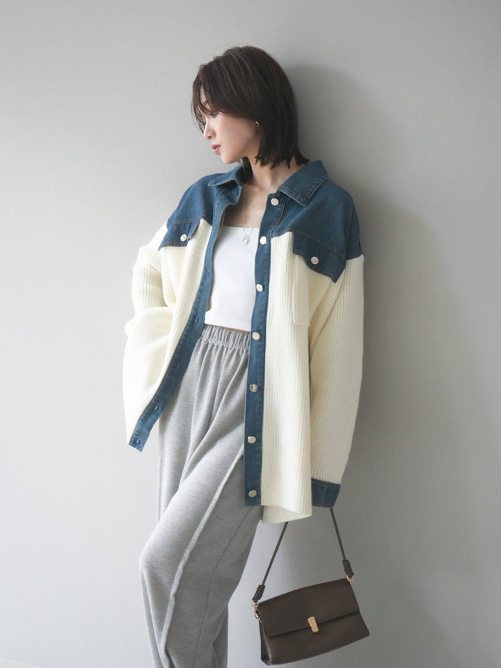 [SET]デニム襟付きニットジャケット+2WAYデザインスウェットパンツ(2set)