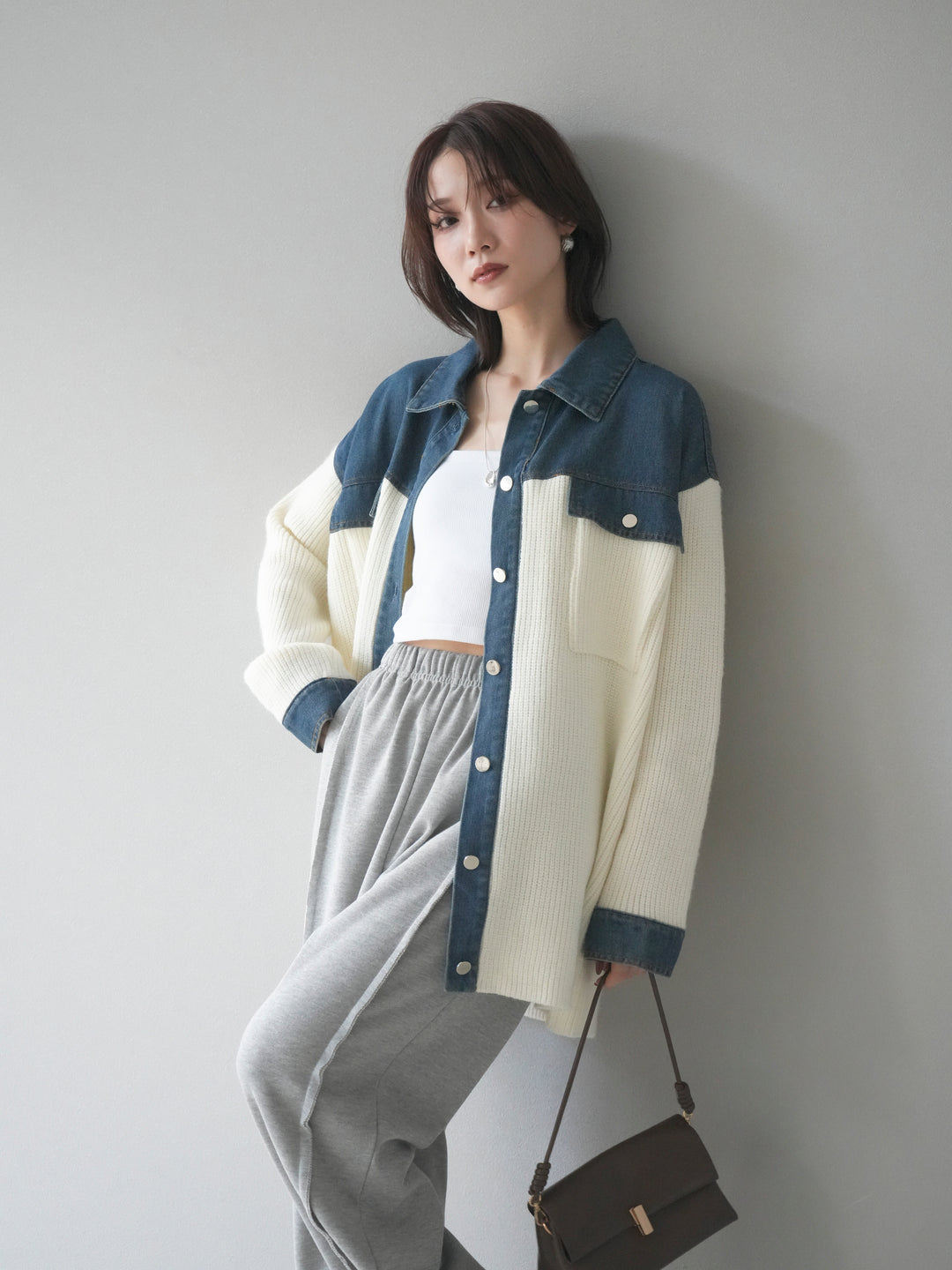 [SET]デニム襟付きニットジャケット+2WAYデザインスウェットパンツ(2set)