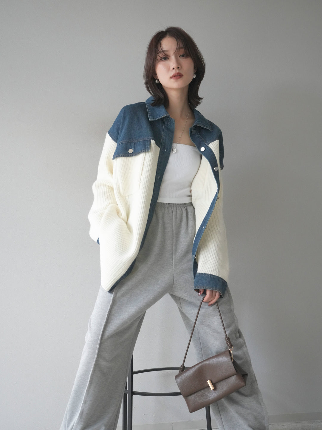 [SET]デニム襟付きニットジャケット+2WAYデザインスウェットパンツ(2set)