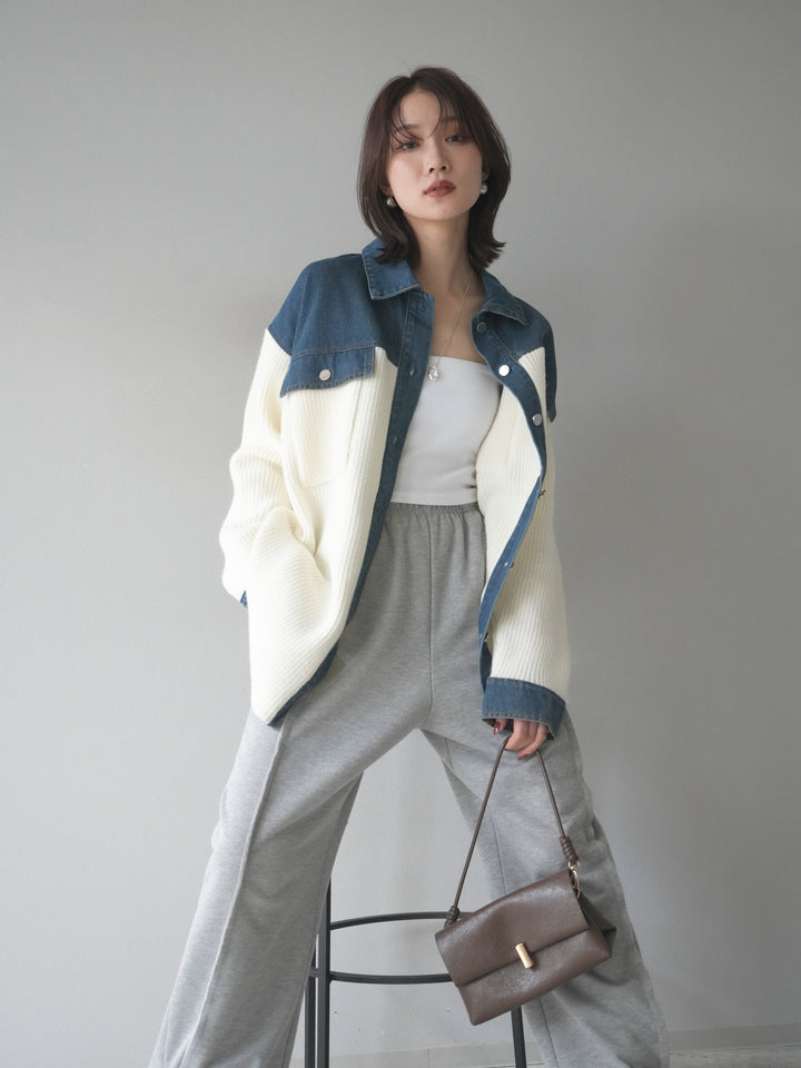 [SET]デニム襟付きニットジャケット+2WAYデザインスウェットパンツ(2set)