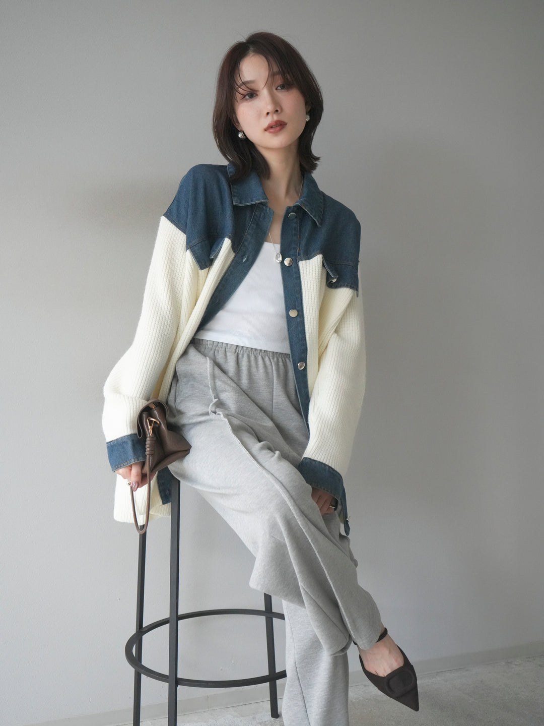 [予約]デニム襟付きニットジャケット/offwhite