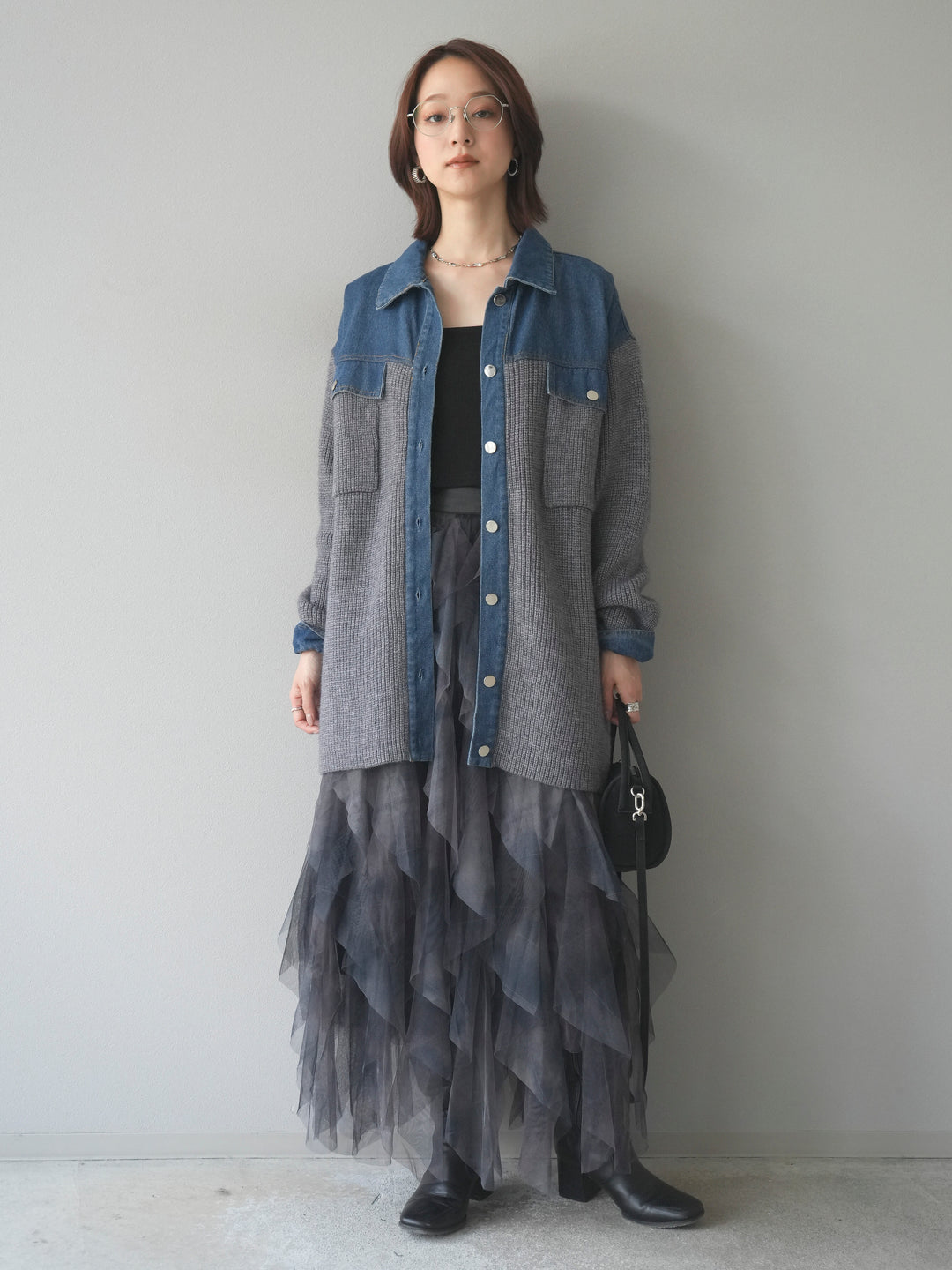 [予約]デニム襟付きニットジャケット/gray