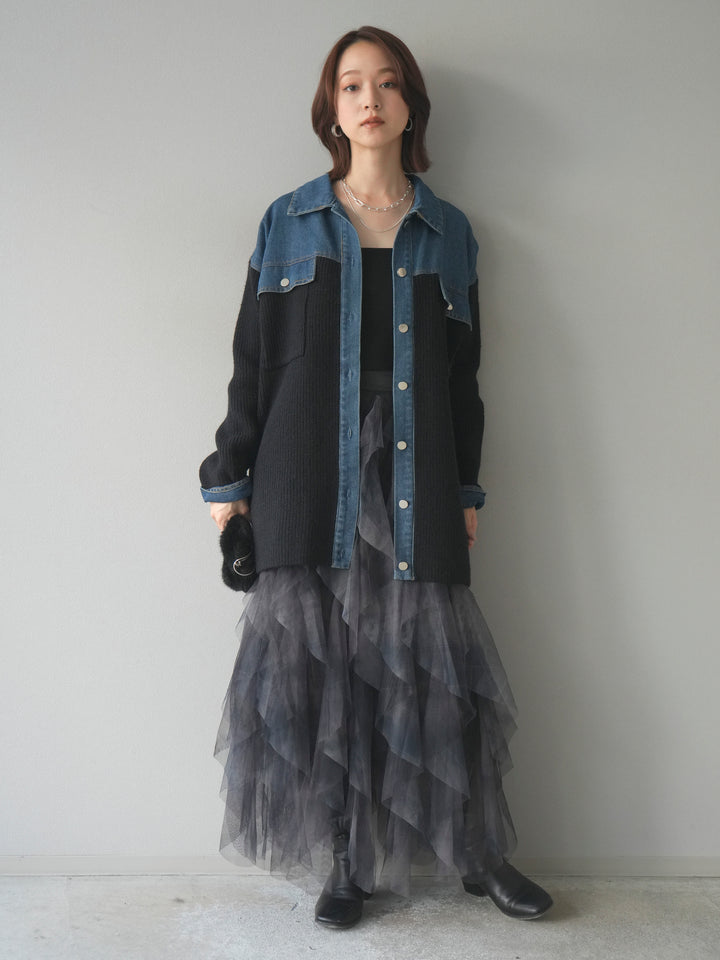 [予約]デニム襟付きニットジャケット/black