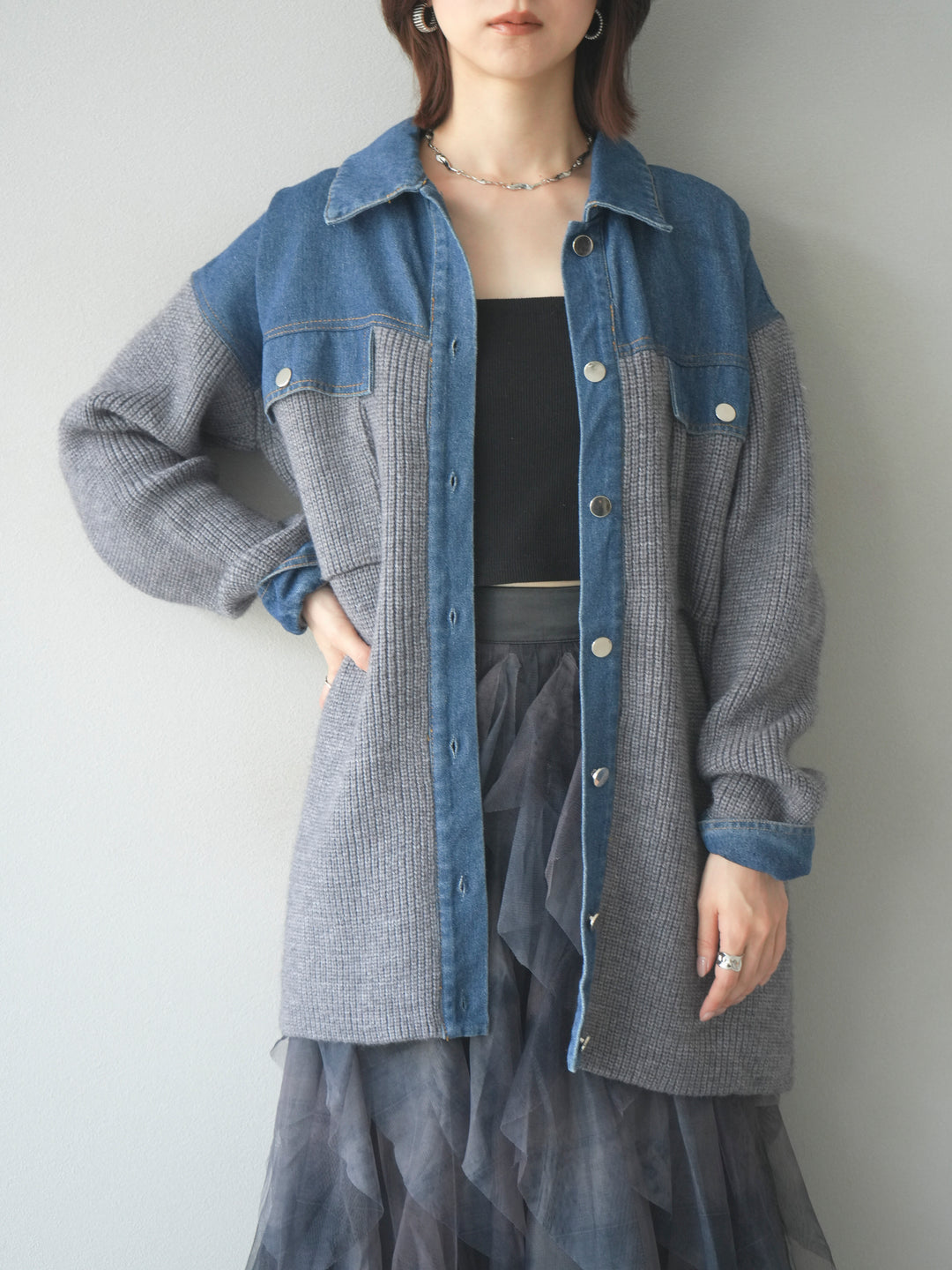 [予約]デニム襟付きニットジャケット/gray