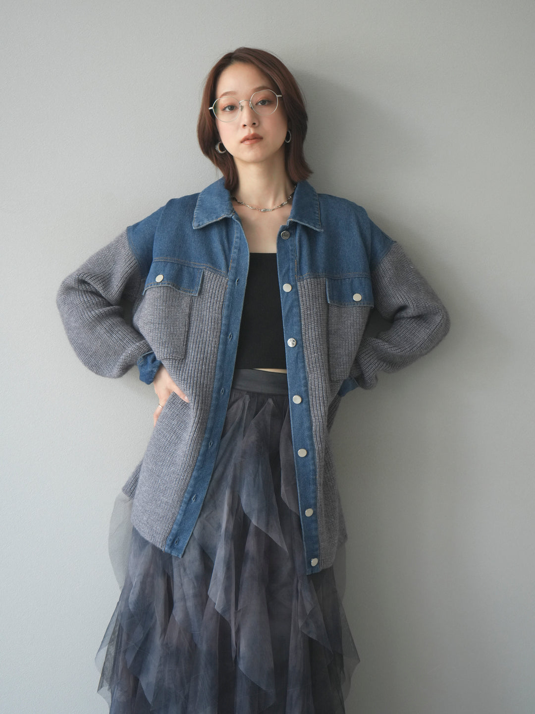 [予約]デニム襟付きニットジャケット/gray