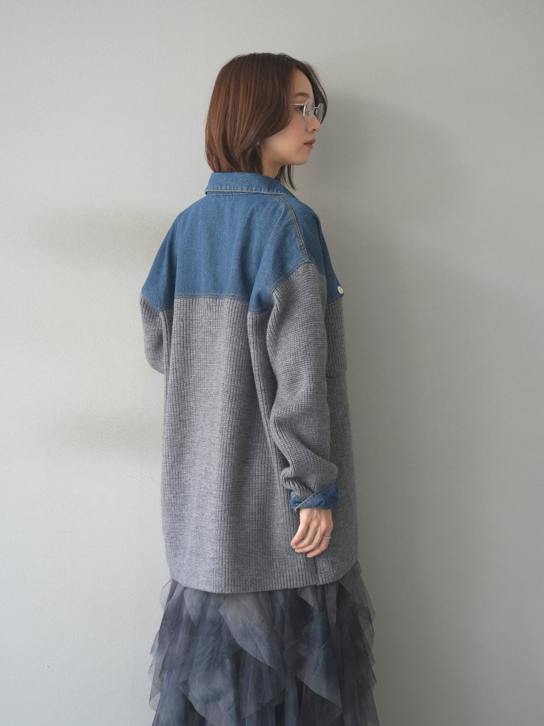 [予約]デニム襟付きニットジャケット/gray