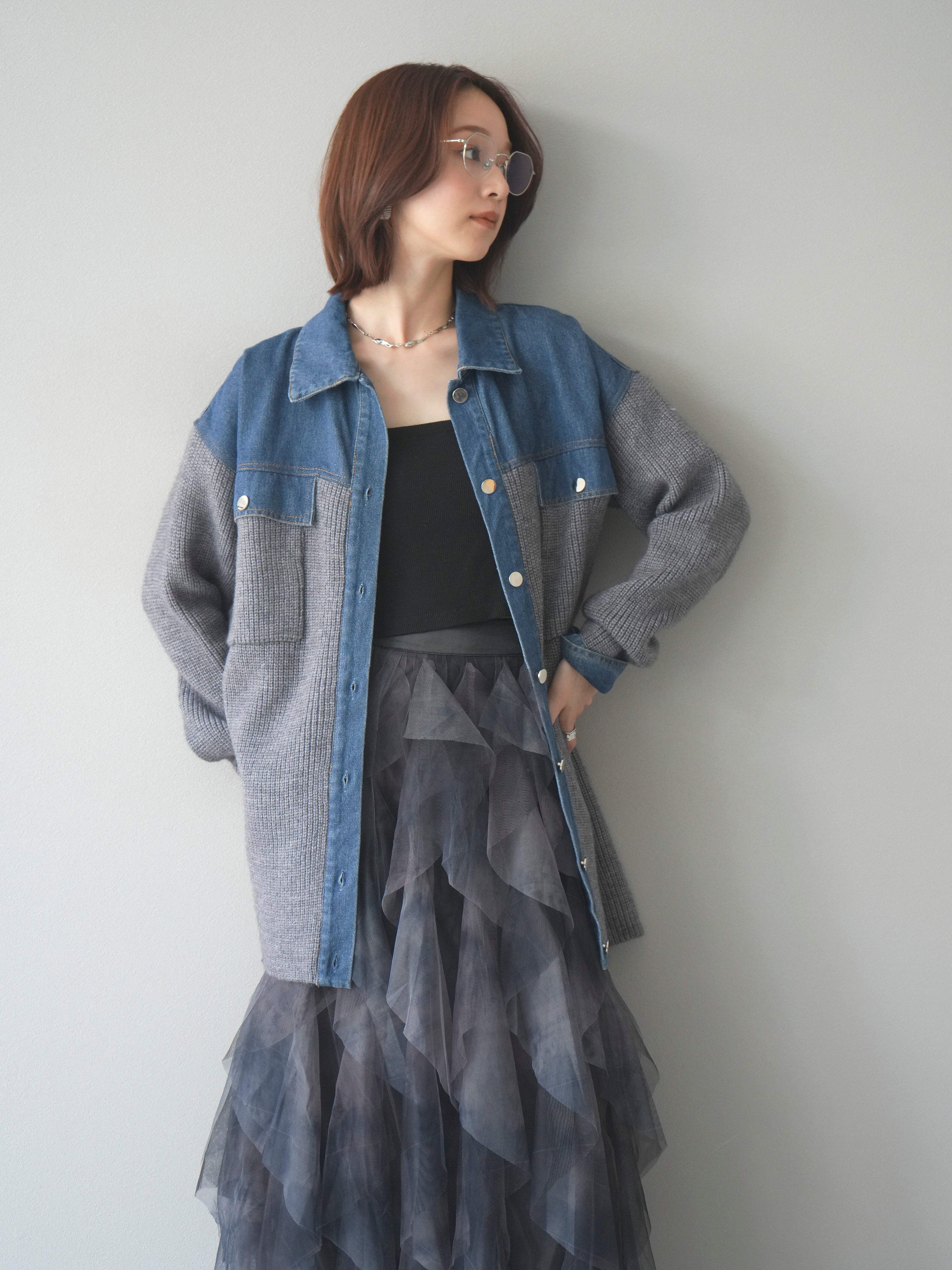 予約]デニム襟付きニットジャケット/gray – Lumier