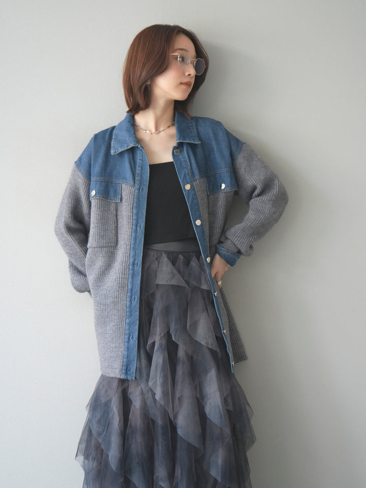 [予約]デニム襟付きニットジャケット/gray