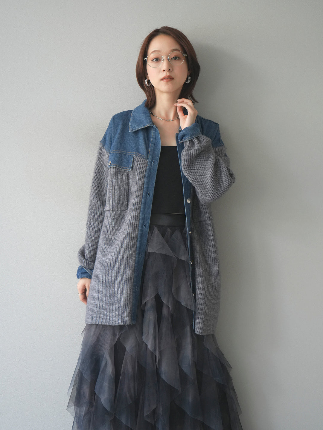 [予約]デニム襟付きニットジャケット/gray