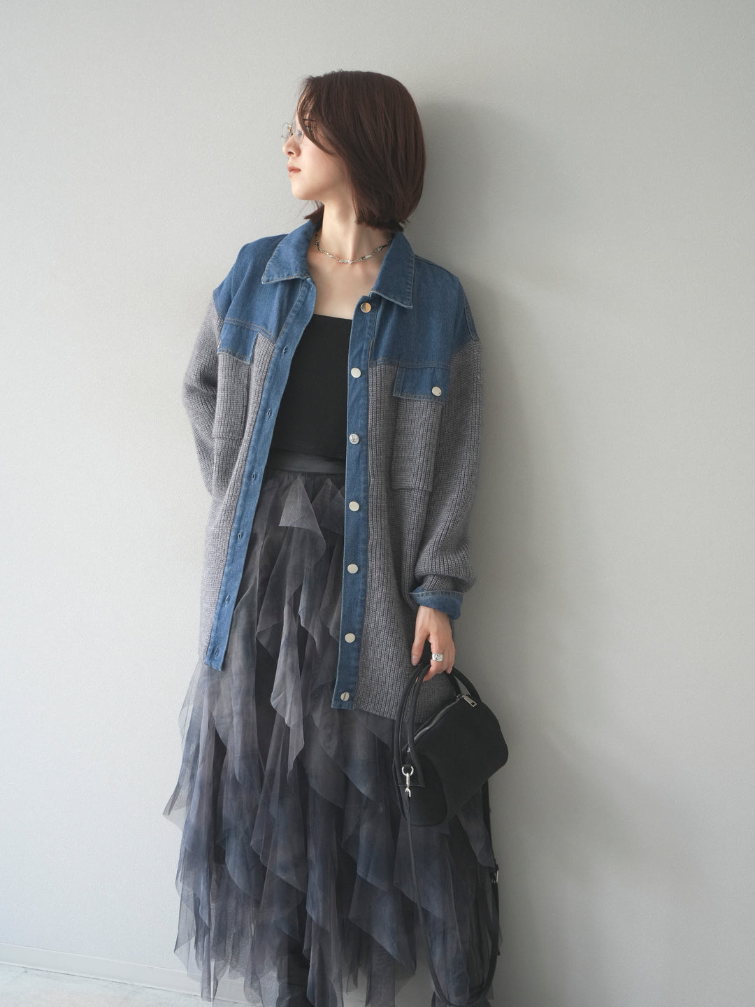 [予約]デニム襟付きニットジャケット/gray