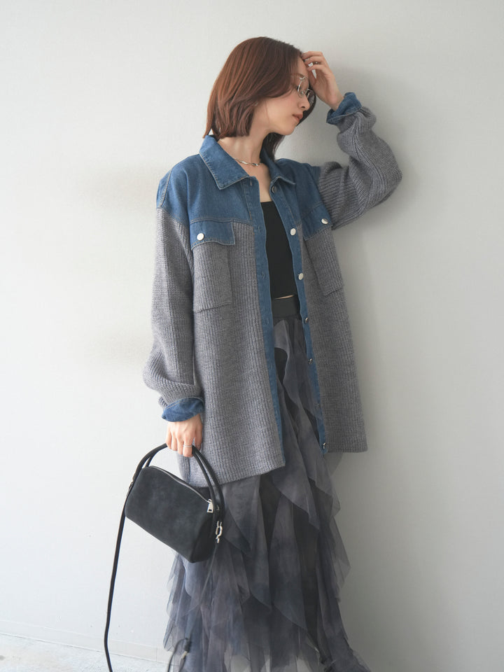 [予約]デニム襟付きニットジャケット/gray