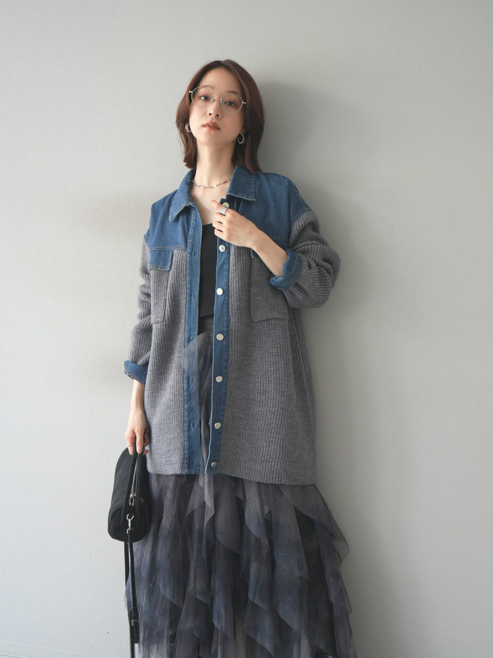 [予約]デニム襟付きニットジャケット/gray