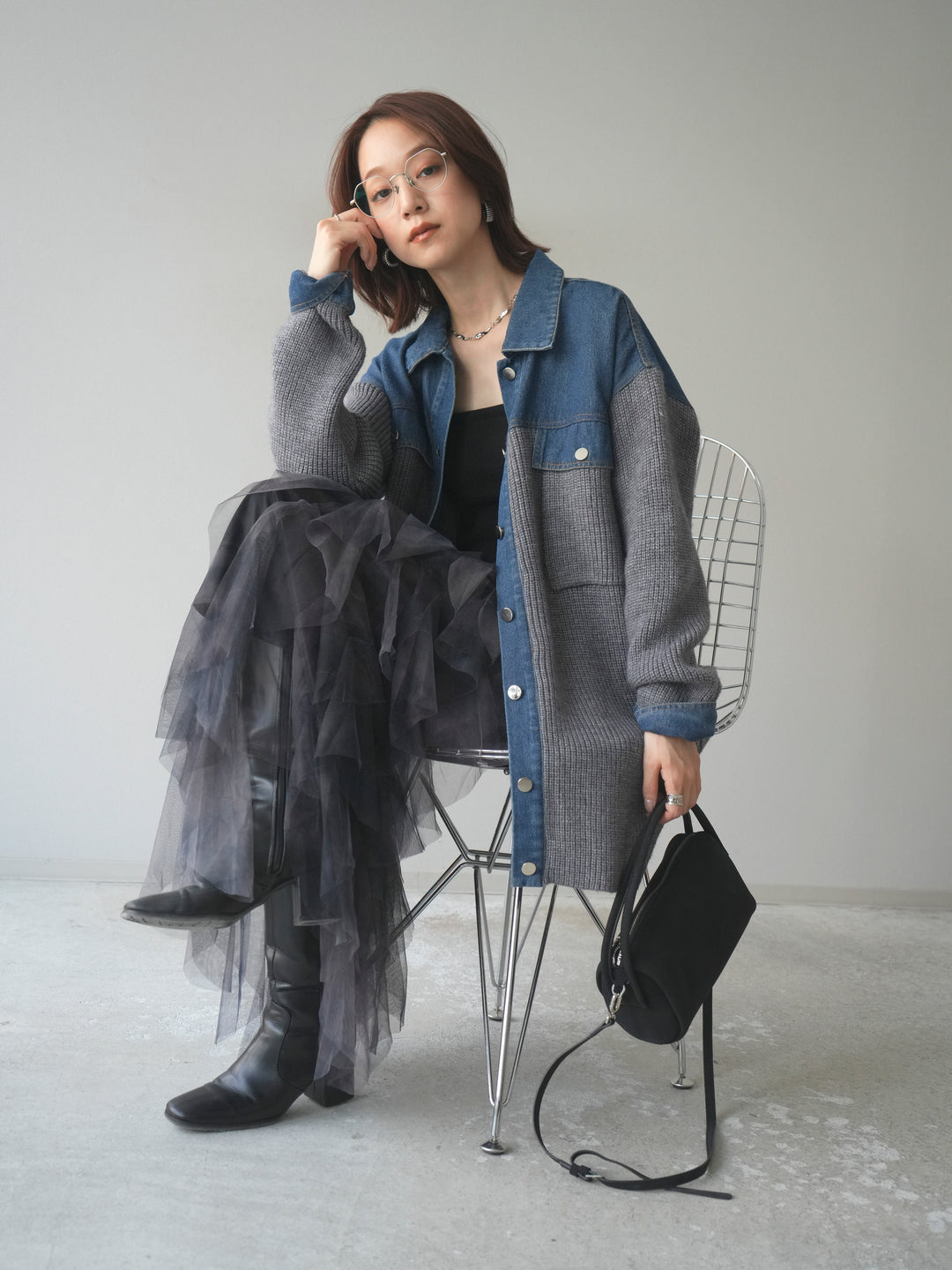 [予約]デニム襟付きニットジャケット/gray