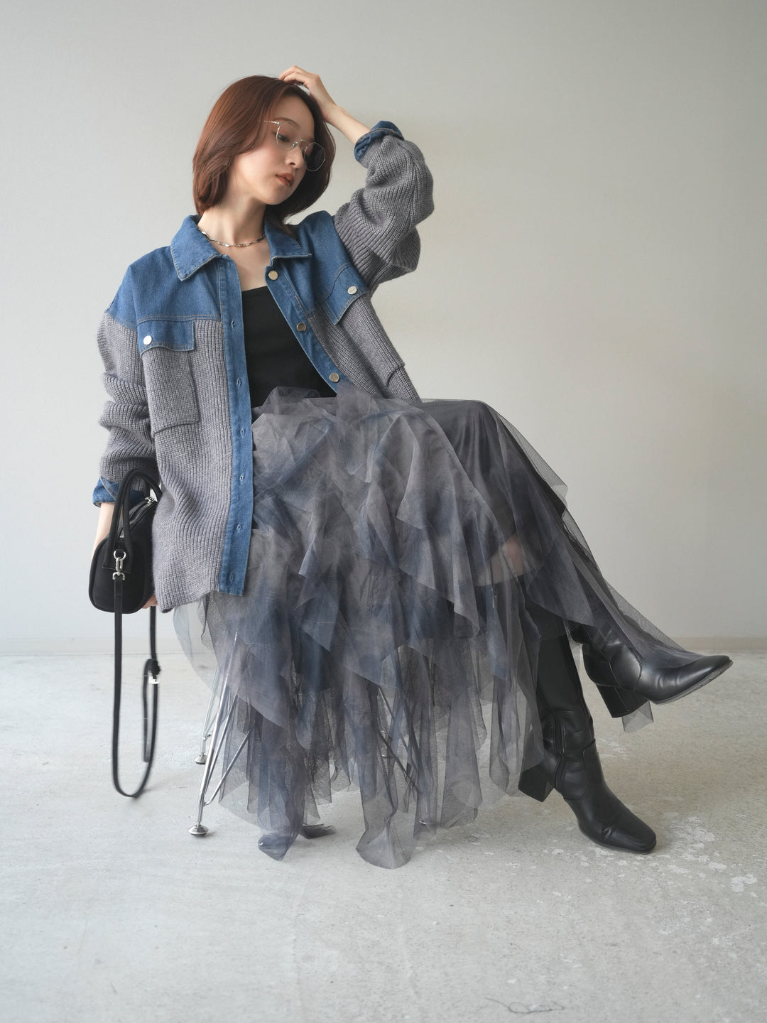 [予約]デニム襟付きニットジャケット/gray