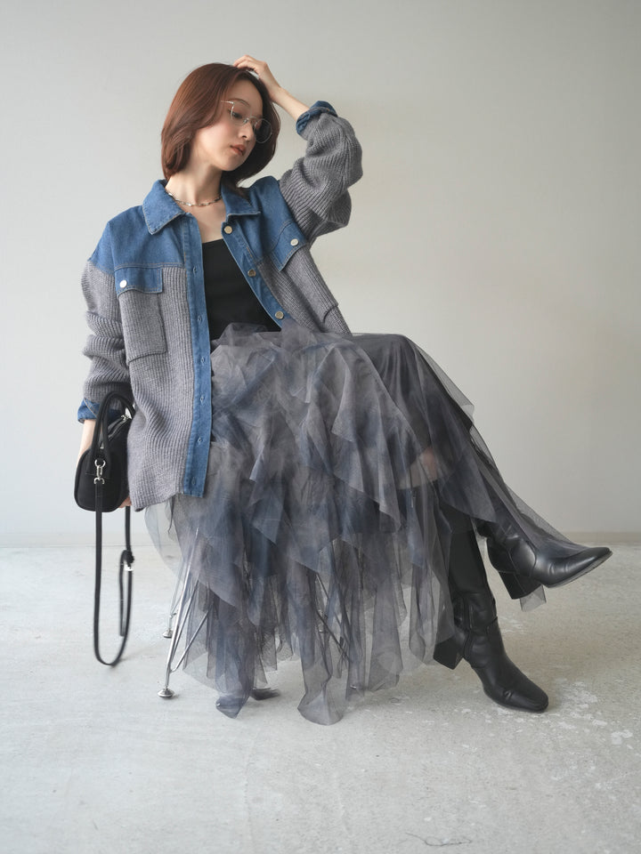 [予約]デニム襟付きニットジャケット/gray