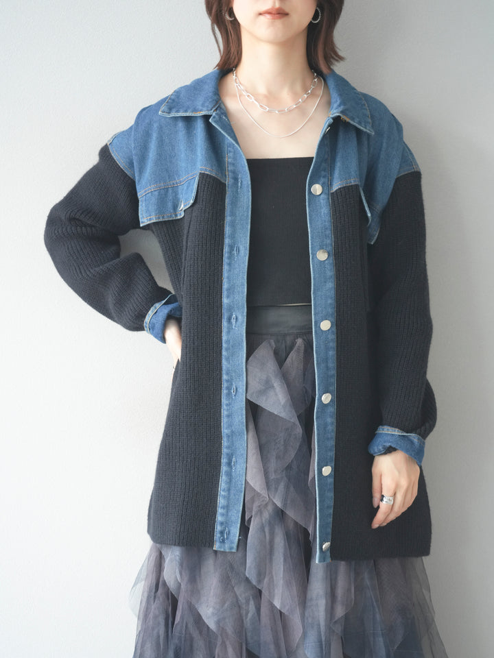 [予約]デニム襟付きニットジャケット/black
